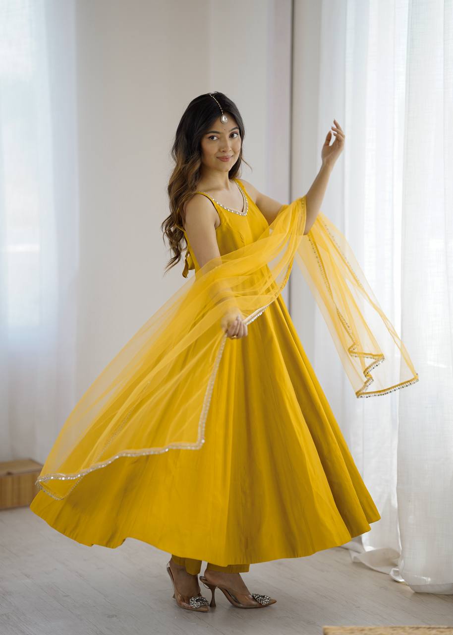 Pure Romansilk Chanderi Anarkali Set with Dupatta & Pant – Fully Stitched